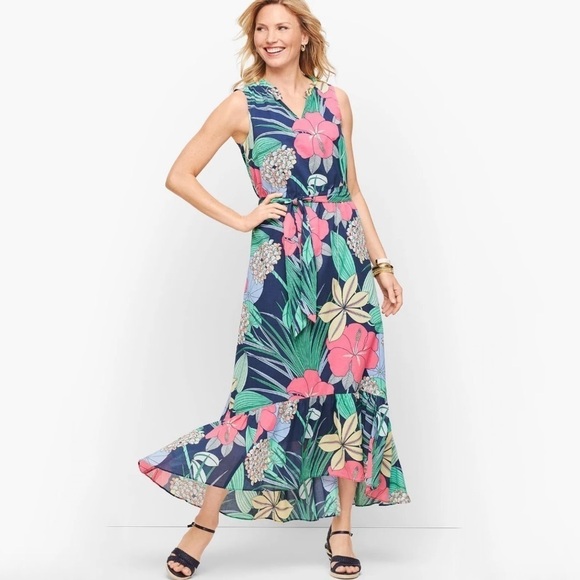 NWT Talbots Cotton Voile Hibiscus Sleeveless Ruffle Maxi Dress - Picture 3 of 9